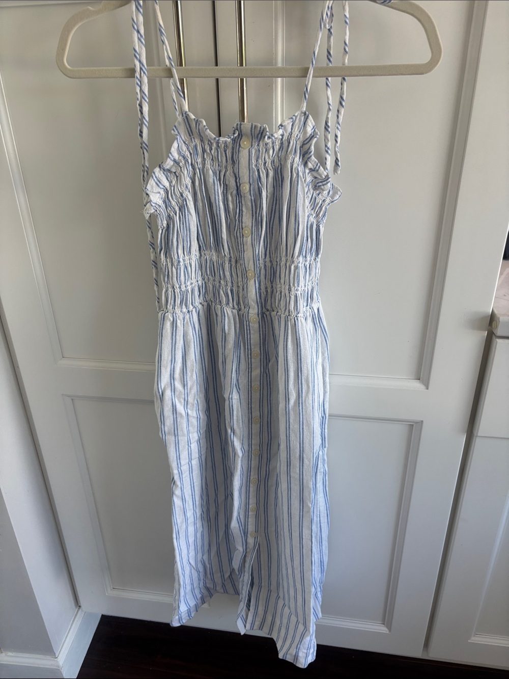 Umgee White and Light Blue Striped Smocked Dress